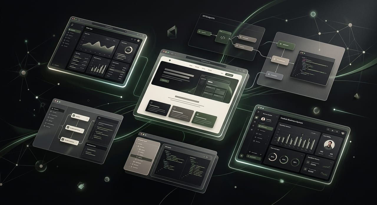 Illustration of DB Studio services — websites, web apps, automation, APIs, scraping, custom systems